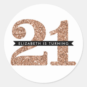 GROTE LEEFTIJDNUMMER INVITE Glazen 21 roos goudgli Ronde Sticker
