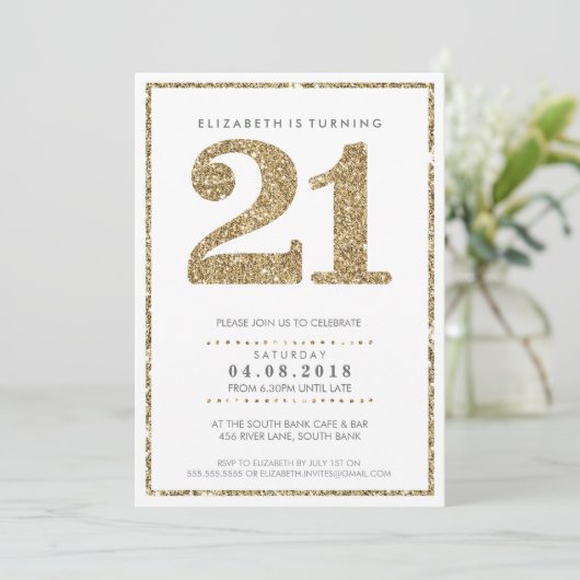 GROTE LEEFTIJDNUMMER INVITE moderne 21 goudglitter Kaart (Staand voorkant)