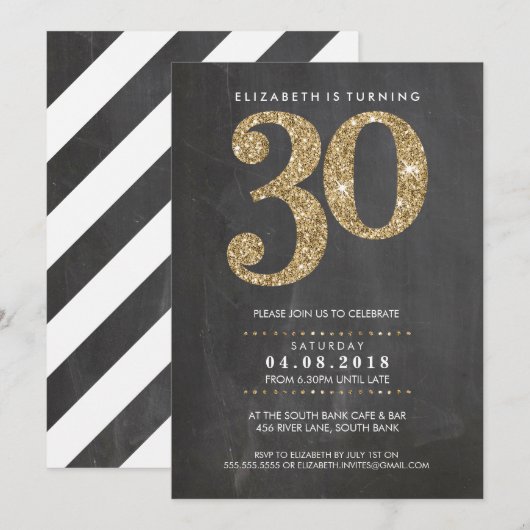 GROTE LEEFTIJDSNUMMER UITNODIGING modern 30 gouden (Voorkant / Achterkant)