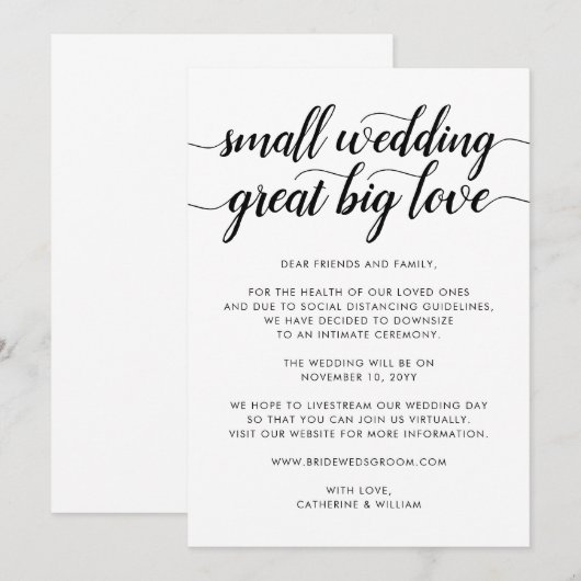 Grote liefde voor kleine bruiloft Verkleinende pla Aankondiging (Voorkant / Achterkant)
