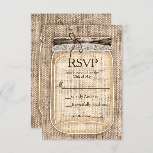 Grote Mason Jar & Burlap Kant Rustieke Bruiloft RS RSVP Kaartje (Voorkant / Achterkant)