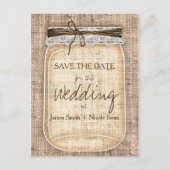 Grote Mason Jar & Burlap Lace Rustic Save the Date Aankondigingskaart (Voorkant)