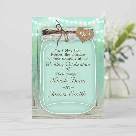 Grote Mason Jar en Lichten Mint Green Rustic Weddi Kaart (Staand voorkant)
