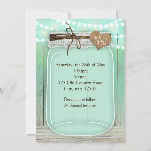 Grote Mason Jar en Lichten Mint Green Rustic Weddi Kaart (Achterkant)