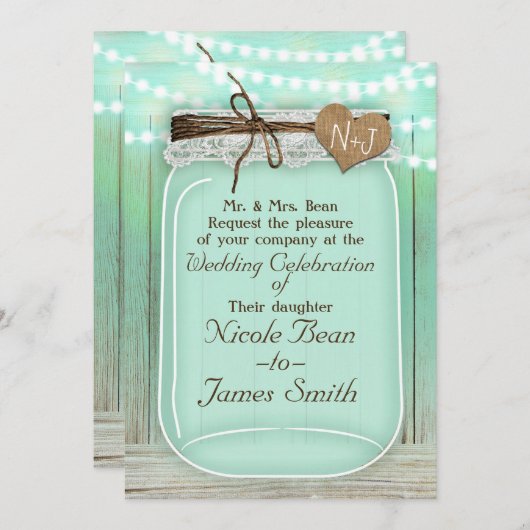 Grote Mason Jar en Lichten Mint Green Rustic Weddi Kaart (Voorkant / Achterkant)