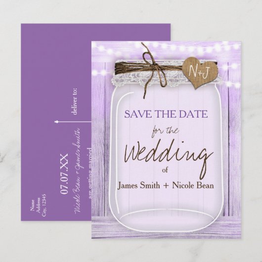 Grote Mason Jar Lavendel Paars Save the Date Aankondigingskaart (Voorkant / Achterkant)