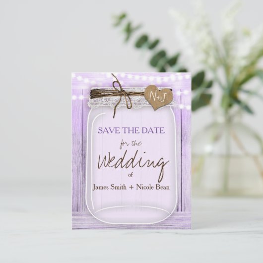 Grote Mason Jar Lavendel Paars Save the Date Aankondigingskaart (Staand voorkant)