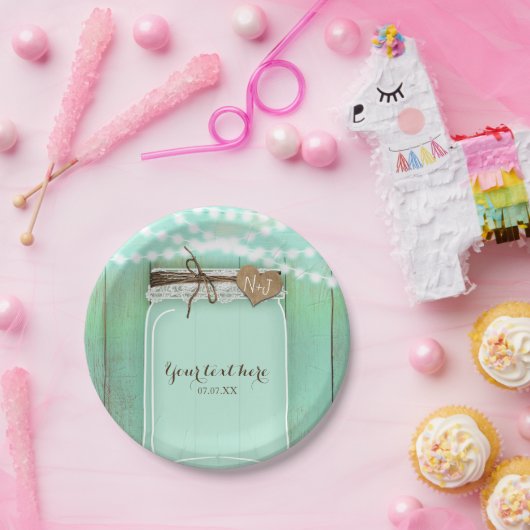 Grote Mason Jar & Lichtjes Mint Rustieke Trouwdag Papieren Bordje (Feest)