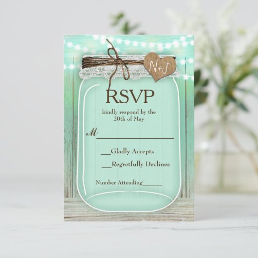 Grote Mason Jar & Lights Mint Rustieke bruiloft RS RSVP Kaartje (Staand voorkant)