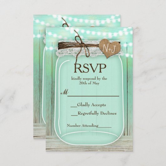 Grote Mason Jar & Lights Mint Rustieke bruiloft RS RSVP Kaartje (Voorkant / Achterkant)