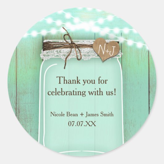 Grote Mason Jar & Lights Mint Rustieke gunst Ronde Sticker (Voorkant)