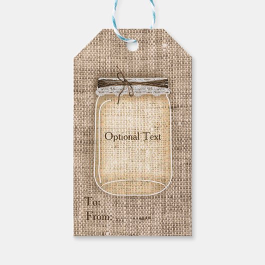 Grote Mason Jar met Burlap en Lace Rustic Wedding Cadeaulabel (Voorkant)