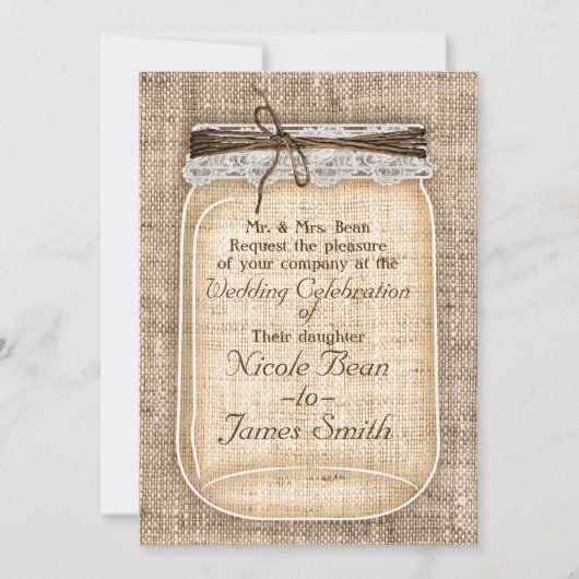 Grote Mason Jar met Burlap en Lace Rustic Wedding Kaart (Voorkant)