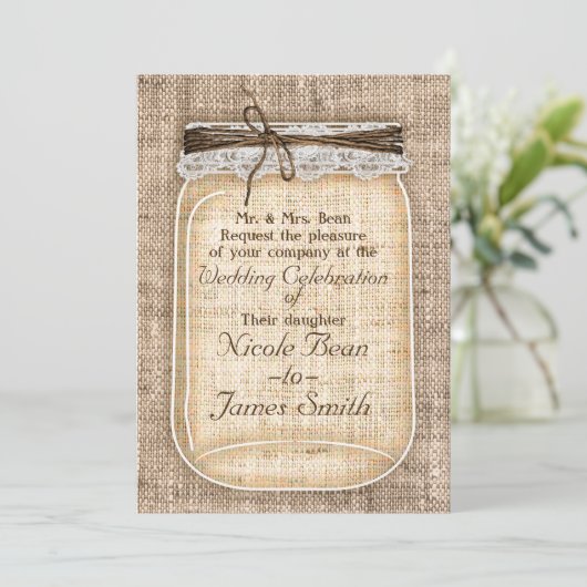 Grote Mason Jar met Burlap en Lace Rustic Wedding Kaart (Staand voorkant)