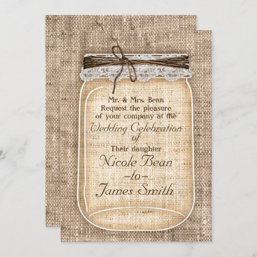 Grote Mason Jar met Burlap en Lace Rustic Wedding Kaart (Voorkant / Achterkant)