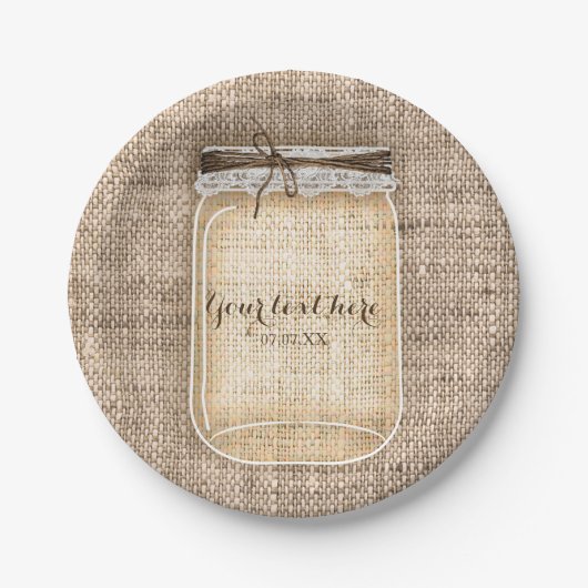 Grote Mason Jar met Burlap en Lace Rustic Wedding Papieren Bordje (Voorkant)
