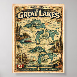 Grote Meren Vintage Bestemmingenkaart Poster