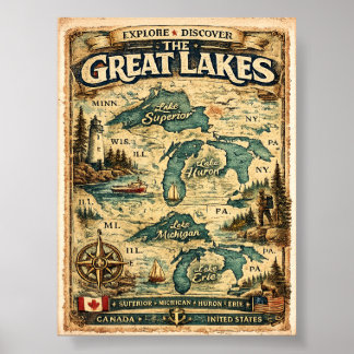 Grote Meren Vintage Bestemmingenkaart Poster
