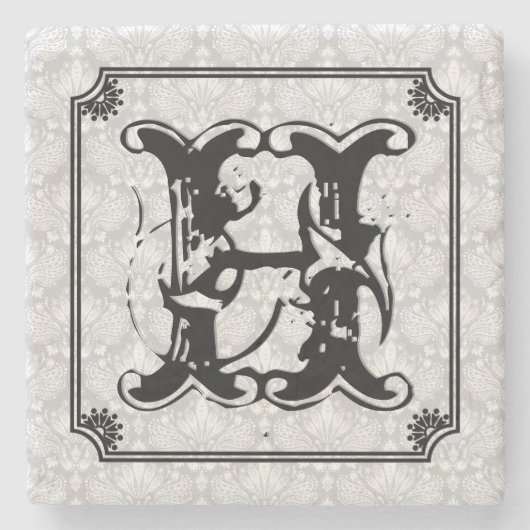 Grote Monogram Art Deco Lijst Witte Damaskers Stenen Onderzetter (Voorkant)