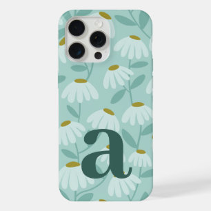 Grote Monogram Letter Teal Blauwe Bloemmotief iPhone 15 Pro Max Case