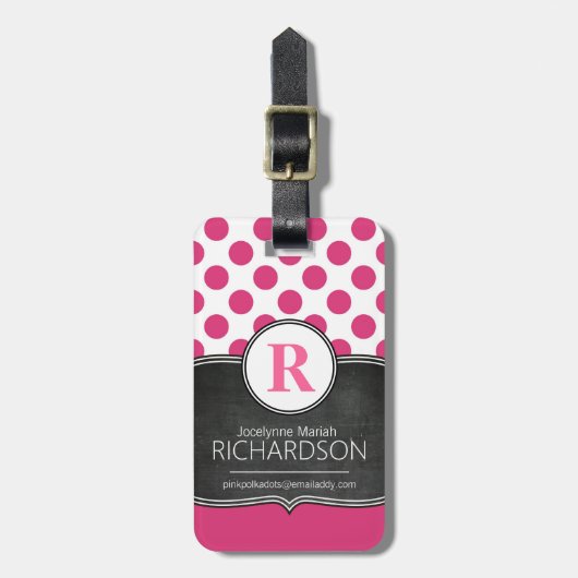 Grote monogram roze pooldots bagagelabel (Voorkant verticaal)