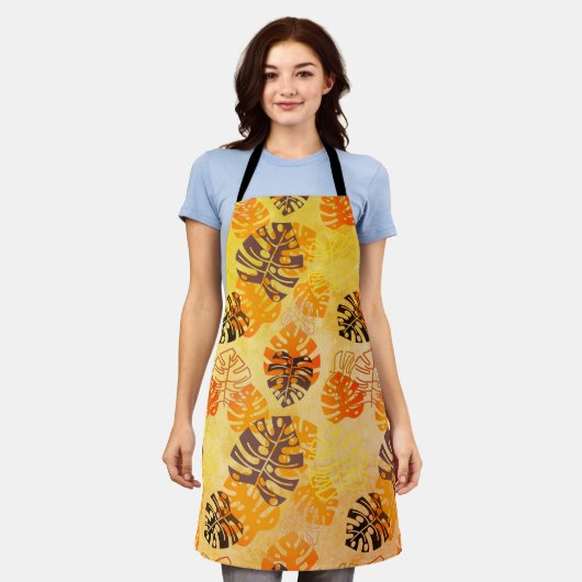 Grote Monstera Bladeren in Bruin en Goud Schort (Gedragen)