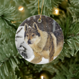 Grote mooie grijze Wilde Wolf in sneeuw Keramisch Ornament