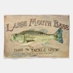 Grote Mouth Bass Fisherman Cabin Wood Boards Theedoek
