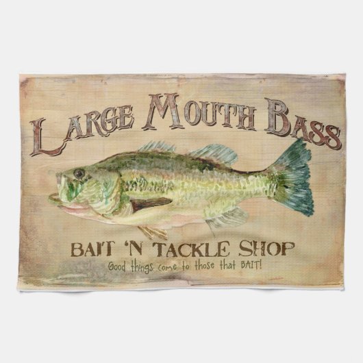 Grote Mouth Bass Fisherman Cabin Wood Boards Theedoek (Horizontaal)