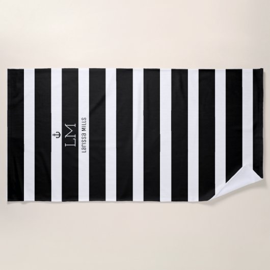 Grote nautische zwart-witte strepen monogrammed strandlaken (Voorkant)