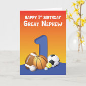 Grote neef 1e verjaardag sport ballen kaart (Gele Bloem)