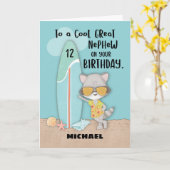 Grote Nephew Birthday Beach Funny Raccoon op 12-ja Kaart (Gele Bloem)