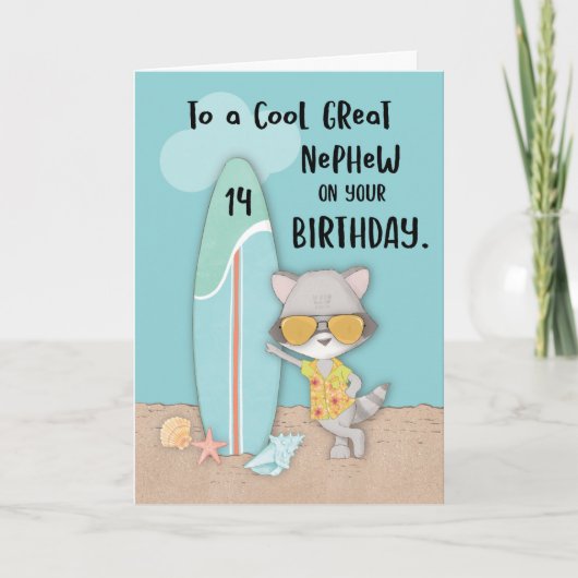 Grote Nephew Birthday Beach Funny Raccoon op 14-ja Kaart (Voorkant)