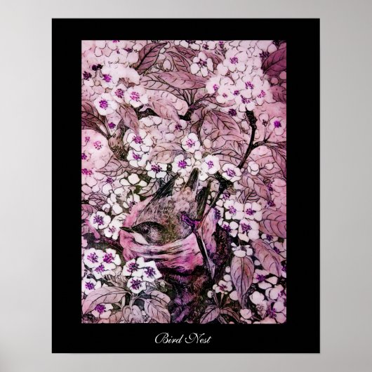 GROTE NEST, TREE PINK WHITE SPRING FLOWERS Black Poster (Voorkant)