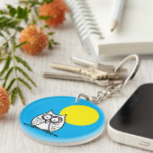 Grote ogen grappige cartoon uil & maan blauw sleutelhanger (Voorkant Rechts)