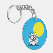 Grote ogen grappige cartoon uil & maan blauw sleutelhanger (Voorkant Links)