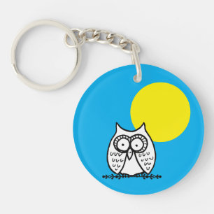 Grote ogen grappige cartoon uil & maan blauw sleutelhanger