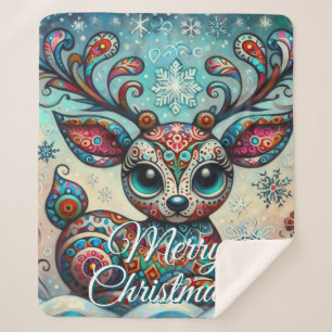 Grote Ogen Kerst Reindeer Folk Art Persoonlijk Sherpa Deken