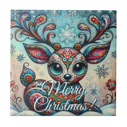 Grote Ogen Kerst Reindeer Folk Art Persoonlijk Tegeltje (Voorkant)