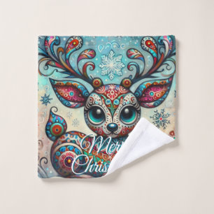 Grote Ogen Kerst Reindeer Folk Art Persoonlijk Washandje