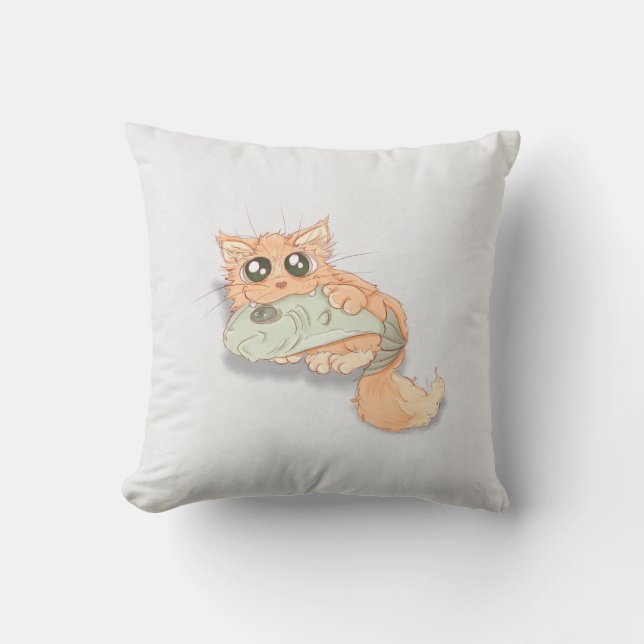 Grote Ogen Kitty Met Een Vis Kunstwerk Kussen (Voorkant)