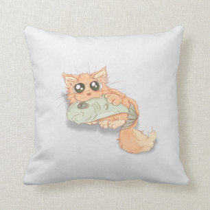 Grote Ogen Kitty Met Een Vis Kunstwerk Kussen