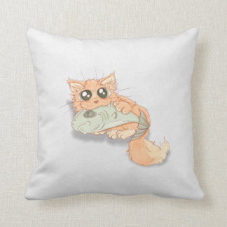 Grote Ogen Kitty Met Een Vis Kunstwerk Kussen
