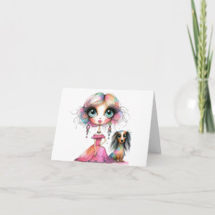 Grote ogen Whimsical Dachshund en Meisje Kaart