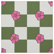 Grote Olijfgroene Roze Bloem Checkerboard Twill