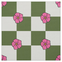 Grote Olijfgroene Roze Bloem Checkerboard Twill Stof