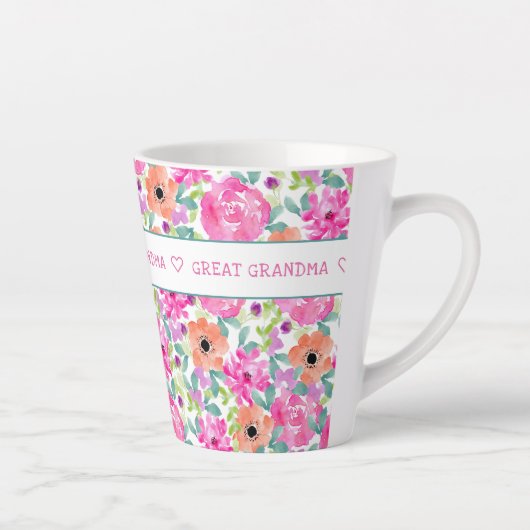 Grote Oma Overal Bloemen Roze Sinaasappel Groen Latte Mok (Rechts)