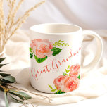 Grote Oma Waterverf Bloemen Koraal Roze Rose Koffiemok<br><div class="desc">koffie mok, elegant bedrukt met "overgrootmoeder" (of uw keuze van de formulering). Waterverf Dit ontwerp van de bloemenmolen heeft rozen en rozenknoppen in de tinten koraalroze en groen. De sjabloon is klaar voor u om Grote Oma te bewerken naar jouw naam of een ander familielid als je wilt. Blader door...</div>