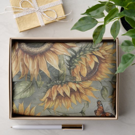 Grote open zonnebloemen met monarchvlinders tissuepapier (Geschenk)