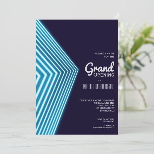 Grote opening Blauwe Neon Uitnodigingen (Staand voorkant)